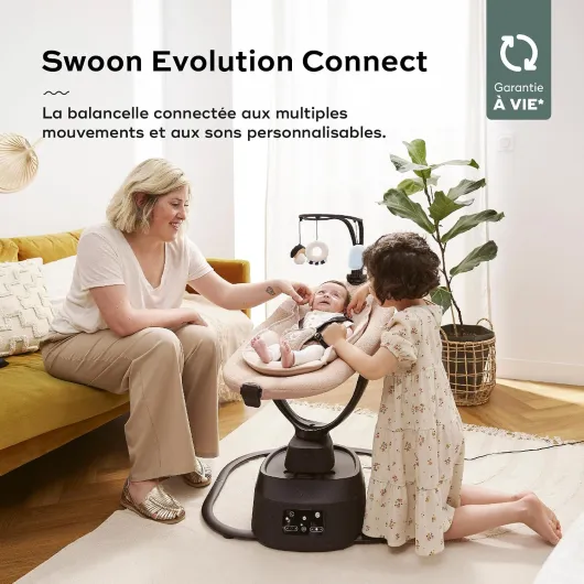 Balancelle Bébé Eléctrique Swoon Evolution Mocca-Connectée avec Application mobile -Streaming musical, Enregistrement de voix et Berceuses personnalisées -Assise 360°-Réducteur nouveau-né Beige