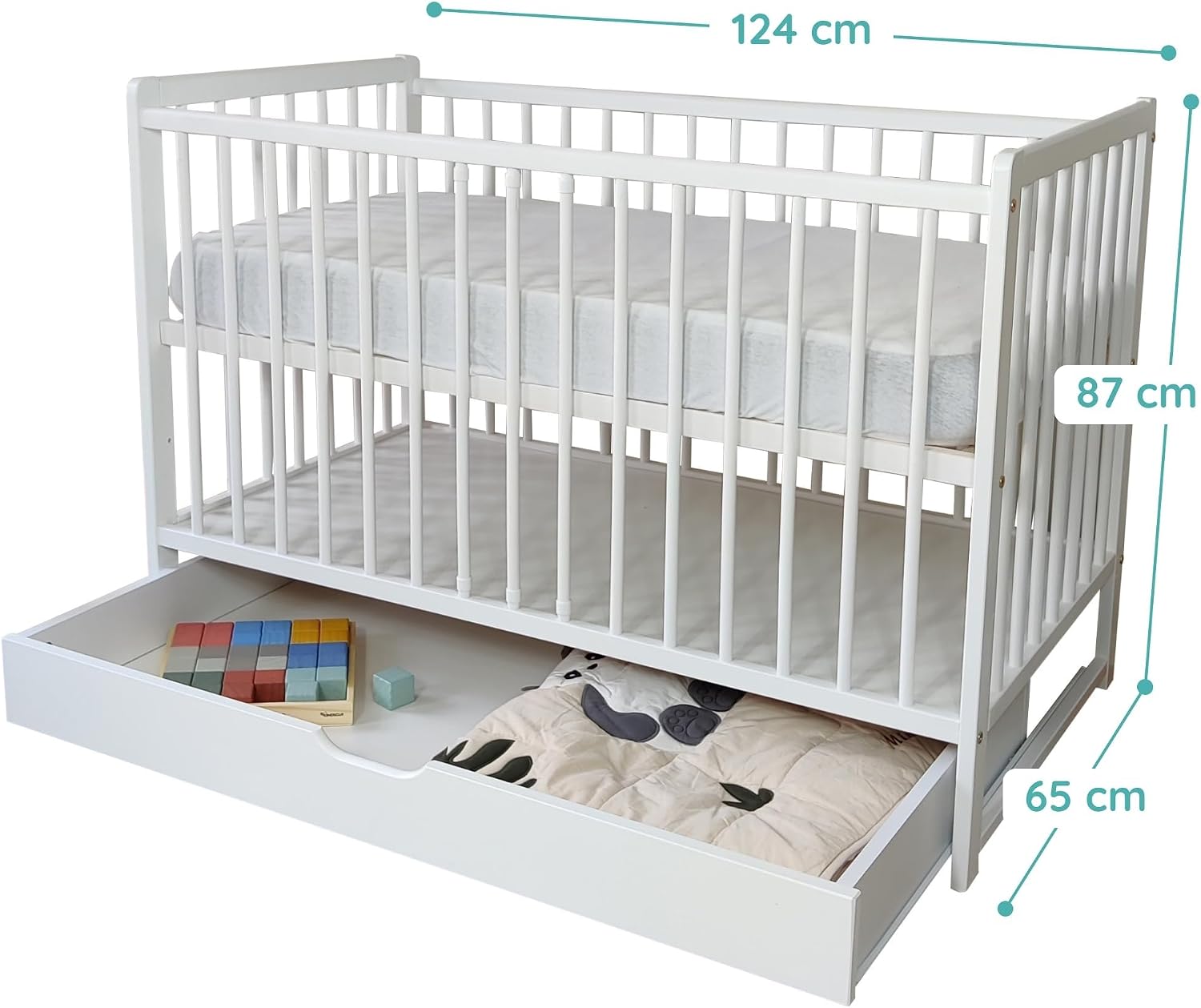 Kids Collective Lit bébé évolutif 60x120 cm - Lit à barreaux Complet avec lit d'appoint évolutif, sommier à Lattes réglable en Hauteur avec barreaux Amovibles, avec tiroir - Pin Massif - Blanc 124L x 65l x 87H cm Blanc avec Tiroir