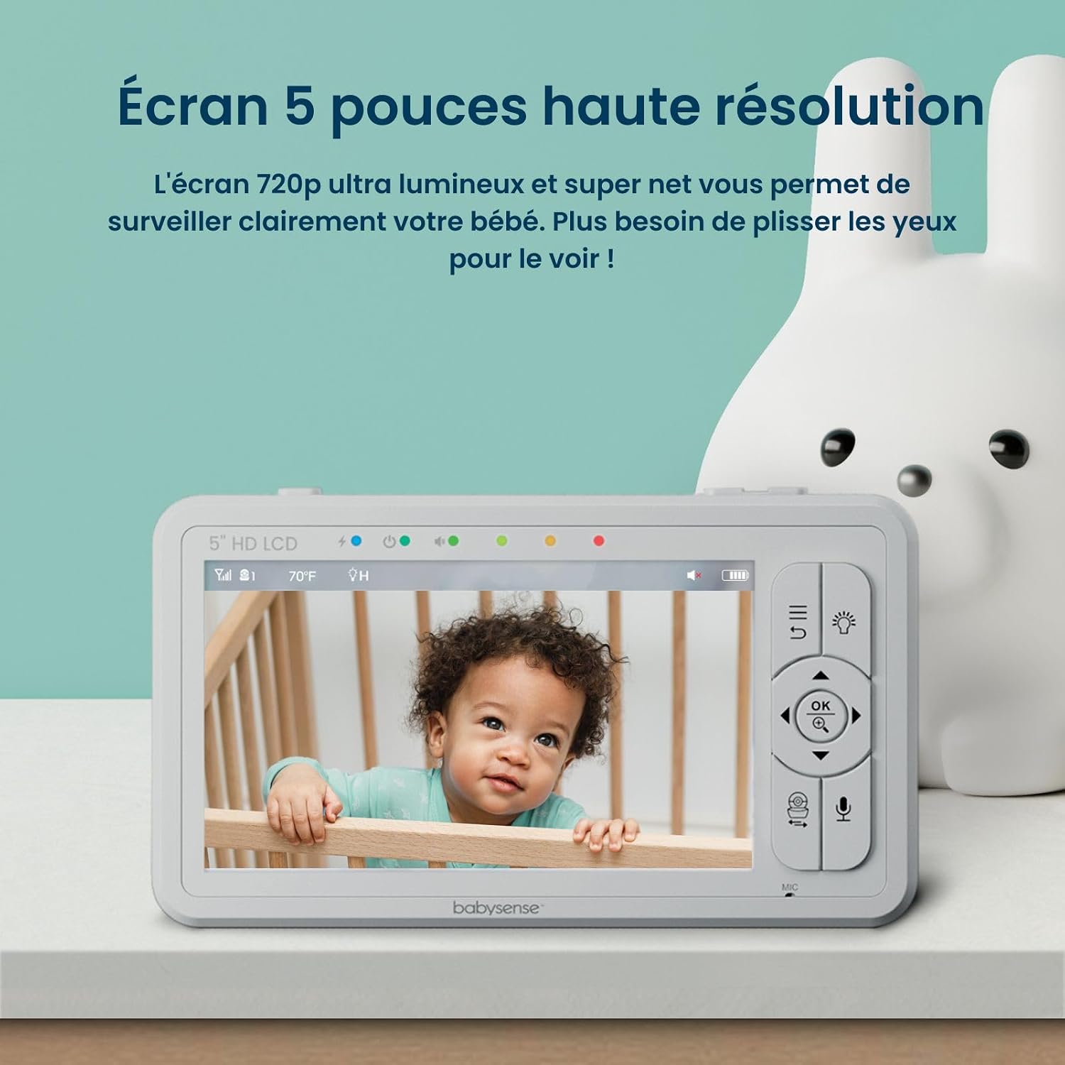 HDS2 Moniteur Vidéo pour Bébé avec Caméra et Audio, Babyphone 5" HD 720p, sans WiFi, Veilleuse Ajustable, Portée Étendue, Audio Bidirectionnel, Zoom 4X, Vision Nocturne, Batterie 4000mAh 1 Pack-EU