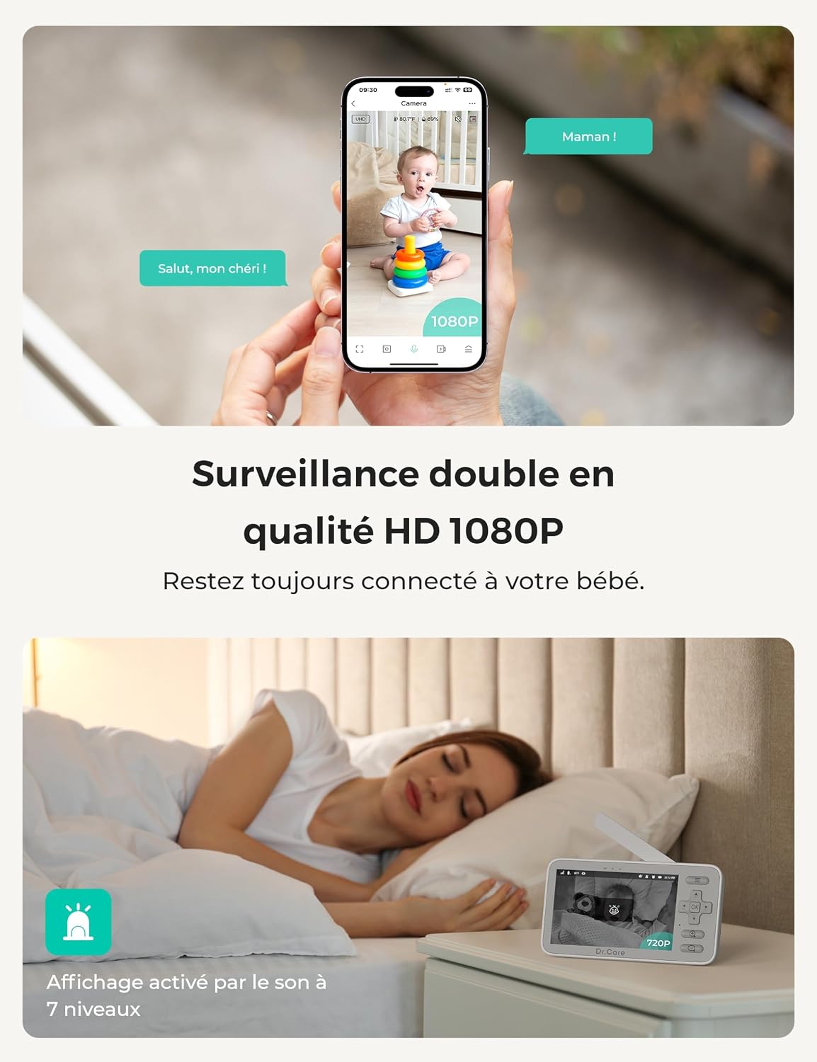 Dr.Care Babyphone 2 Camera WiFi 1080p, 4", App, 1 Support à Pince & 3000mAh 2 caméras + 1 Moniteur + 1 Support Clip