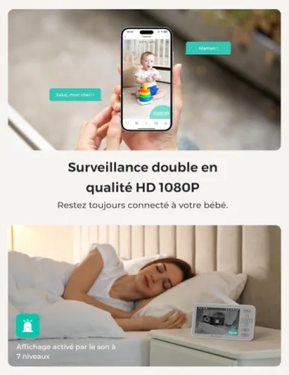 Dr.Care Babyphone 2 Camera WiFi 1080p, 4", App, 1 Support à Pince & 3000mAh 2 caméras + 1 Moniteur + 1 Support Clip