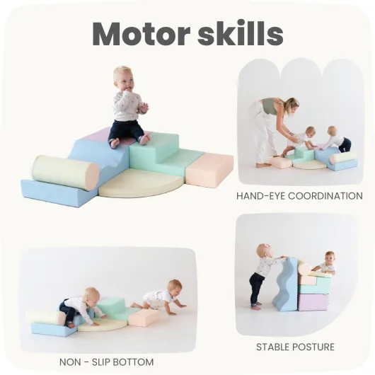Explorer Montessori 6 Modules de Motricité en Mousse Jeu d’Éveil Montessori et Toboggan d’Intérieur pour Bébé et Enfant Parcours de Motricite (Pastel)