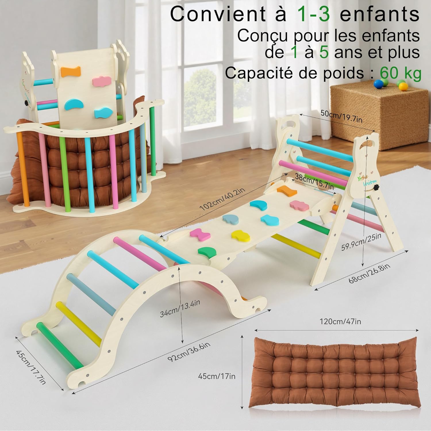 Escalade Enfant Arche Montessori Bebe 7 en 1 Triangle d'escalade Bois avec Arche Eveil, Toboggan Échelle Coussin Toboggan, Parcours Motricité Bébé pour Tout-Petits Bébé 1 Ans+ (Couleur) XXLarge