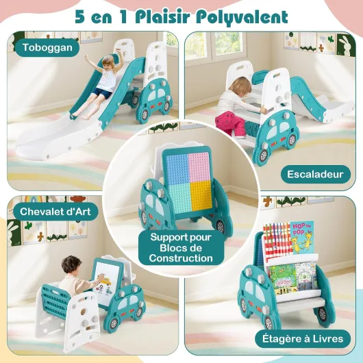 5 en 1 Toboggan Enfant Convertible avec Tableau Magnétique Double Face, Tabouret, Bibliothèque, Support Blocs de Construction, Aire de Jeux Enfant Pliable en HDPE pour 3+ Ans