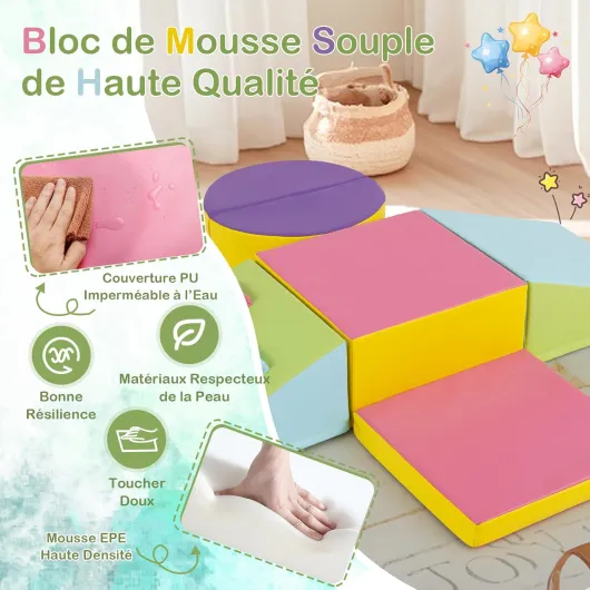 Parcours Motricité Bébé en Mousse 6 Pièces, Blocs d’Escalade avec Housse en Cuir et Attaches à Crochets et Boucles, Aire de Jeux à Différentes Formes, Idéal pour Enfants 3 Ans Plus (Coloré)