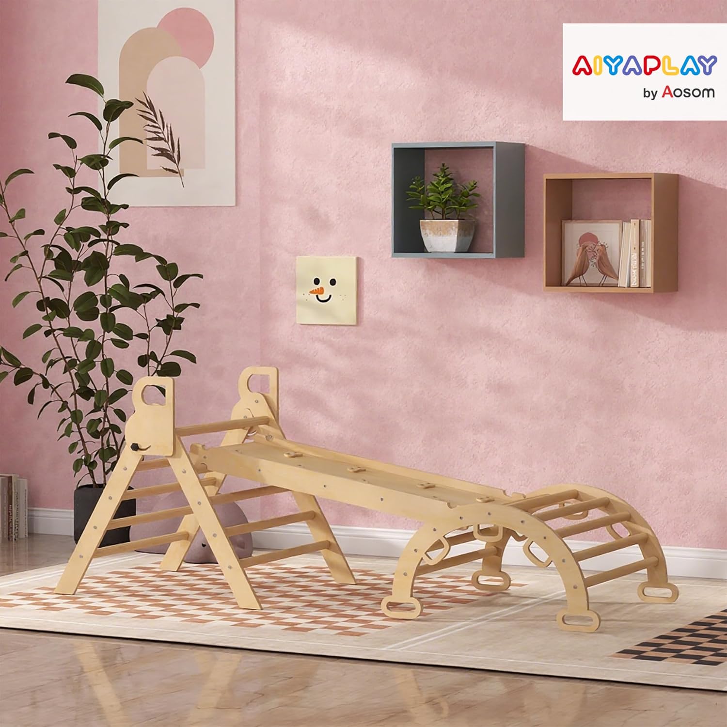 Triangle Arche d'escalade Enfants 5 en 1 avec Triangle d'escalade, Rampe réversible, Toboggan, Bascule, Charge maximale 50 kg, pour bébé 18-48 Mois, Effet Bois Naturel