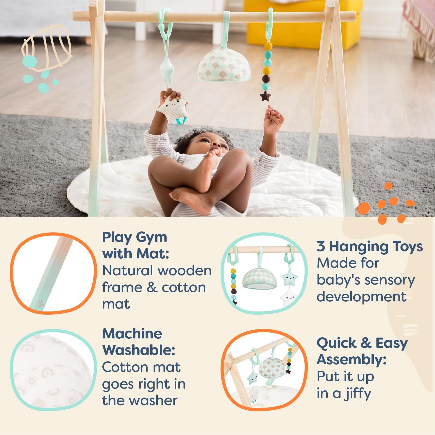 B - toys - Ciel étoilé - Gymnase d'activités pour bébé en Bois - Gymnase d'activités pour Nouveau-né, bébé, 0 Mois et +, Nourrisson - 3 Jouets sensoriel Suspendu - Bois Naturel Classique