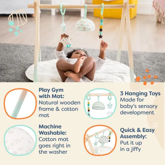 B - toys - Ciel étoilé - Gymnase d'activités pour bébé en Bois - Gymnase d'activités pour Nouveau-né, bébé, 0 Mois et +, Nourrisson - 3 Jouets sensoriel Suspendu - Bois Naturel Classique