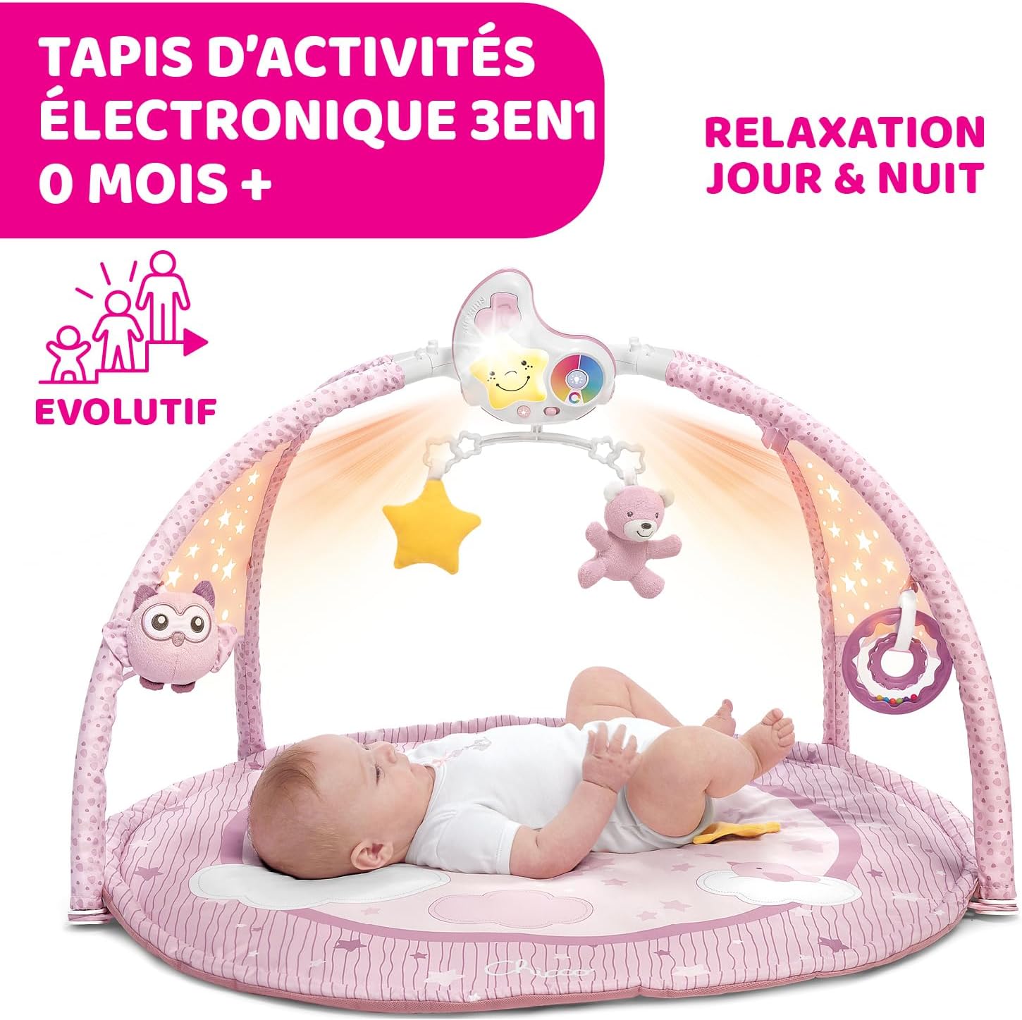 Enjoy Colours Tapis d'Éveil et de Jeux 3 en 1, Gym Electronique Multifonction, Projecteur d'Etoiles, Veilleuse Amovible et Musique Relaxante - Jouets pour Bébé dès la Naissance - Rose Tapis d'Éveil Rose