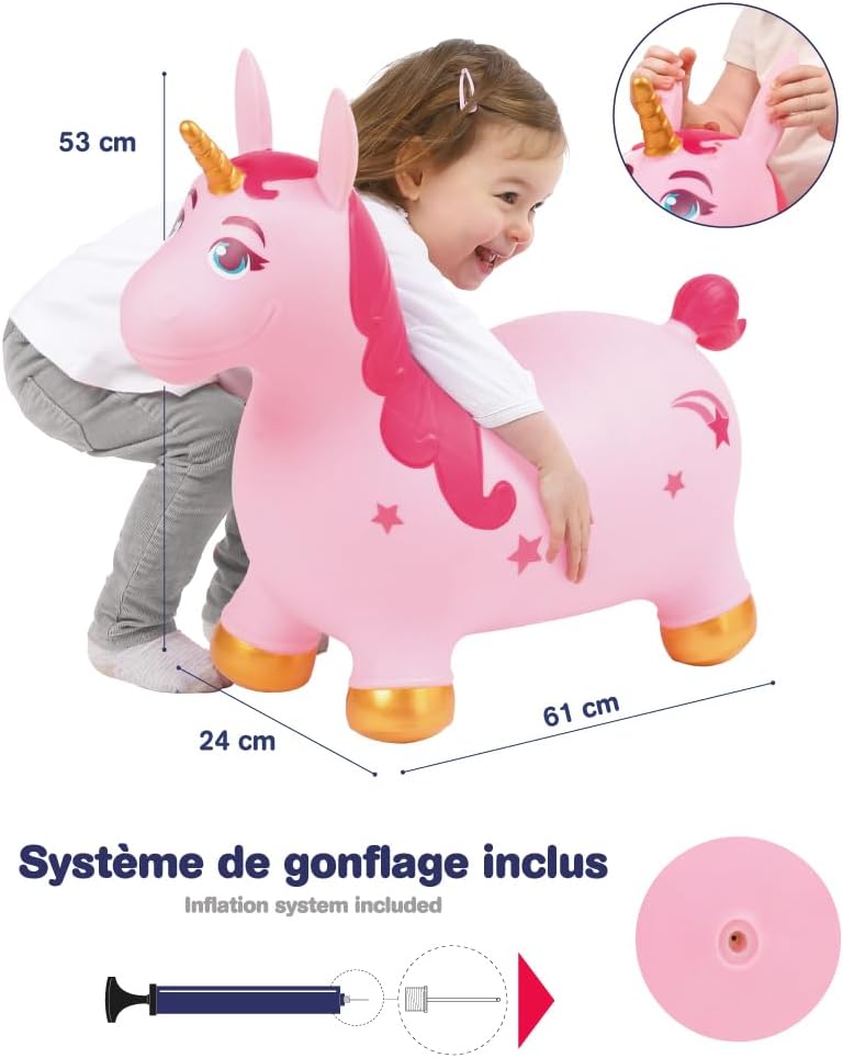 Jumping Ballon Sauteur Licorne pour Enfants - 61x53x24 cm - Jouet Dynamique en PVC avec Poignées Ergonomiques - pour Intérieur et Extérieur - Inclut Système de Gonflage - Dès 10 Mois Licorne Rose