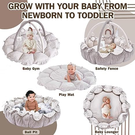 Tapis d'Eveil Bébé Doux Gym Centre Arche de Jeu avec Jouets Peluches Amovibles pour Bébé de 0 Mois+ Cadeau de Naissance - Gris