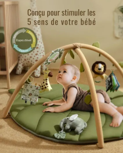 Tapis d'éveil Bébé avec Arche Amovible, Forme des Feuilles Tapis Éveil Bébé 6 Jouets - Développement Sensoriel et Moteur Progressif, Enfant, Fille et Garçon, Vert Forêt