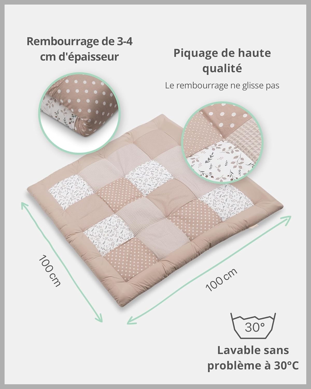 Tapis d'Éveil pour Bébé 100x100 cm - 100% OEKO-TEX, Épais et Rembourré - Idéal pour Jeux, Motricité et Sol Enfant Sable 100 x 100 cm