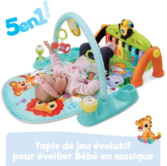 Tapis Tap Tap Piano Évolutif 5 en 1 - Tapis d'Éveil avec Arche d'Éveil, Piano Bébé Lumineux et Hochets - Jeu Musical et Évolutif - Motricité Bébé - Cadeau de Naissance - Contenu en Français