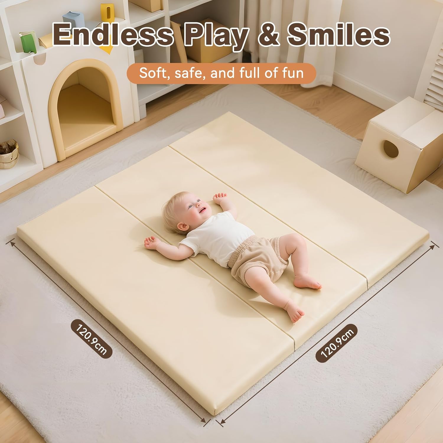 Tapis de Jeu en Mousse pour Bébé : 121x121 cm Tapis d'Éveil en Cuir PU Imperméable - Tapis d'Éveil pour Bébé - pour Parc d'enfant Matelas (Jaune-Pliable)