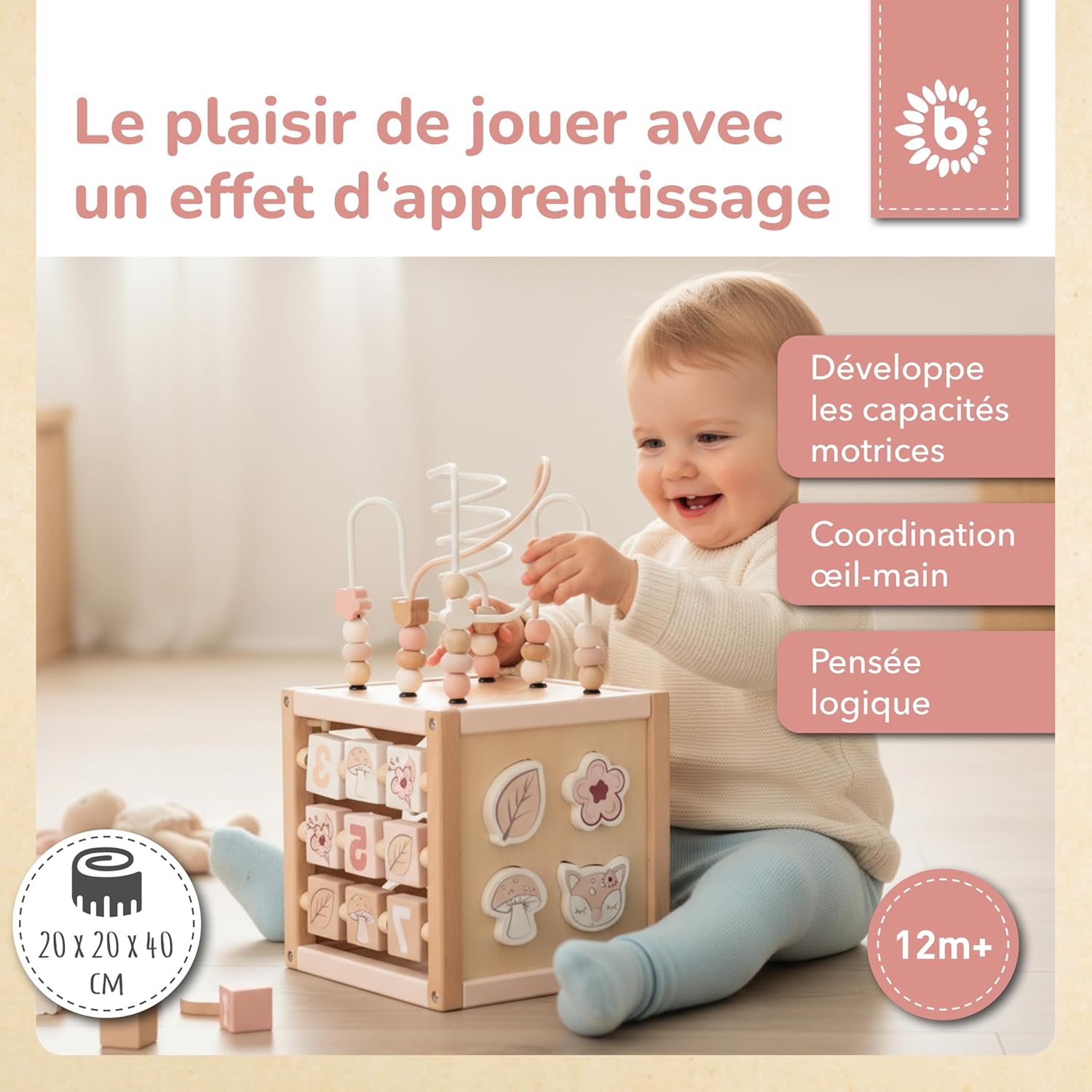 Cube de motricité en bois durable FSC®, motif chevreuil Ella, jouet Montessori pour bébé à partir de 1 an Ella XL