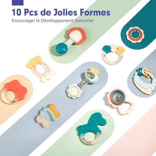 Jouet pour Bébé 3 Mois Hochet de Dentition pour Bébé 0 3 6 9 Mois, Jouets d'Eveil Anneaux de Dentition sans BPA avec Boîte de Rangement Cadeau pour Naissance Garçon Fille, 10PCS