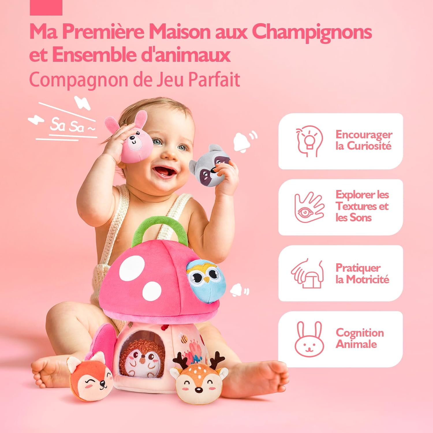 Jouet Éveil Bébé 0-6 Mois - Peluche Sensorielle Montessori pour Enfant - Cadeau Naissance Garçon Fille 3 6 9 Mois Rose