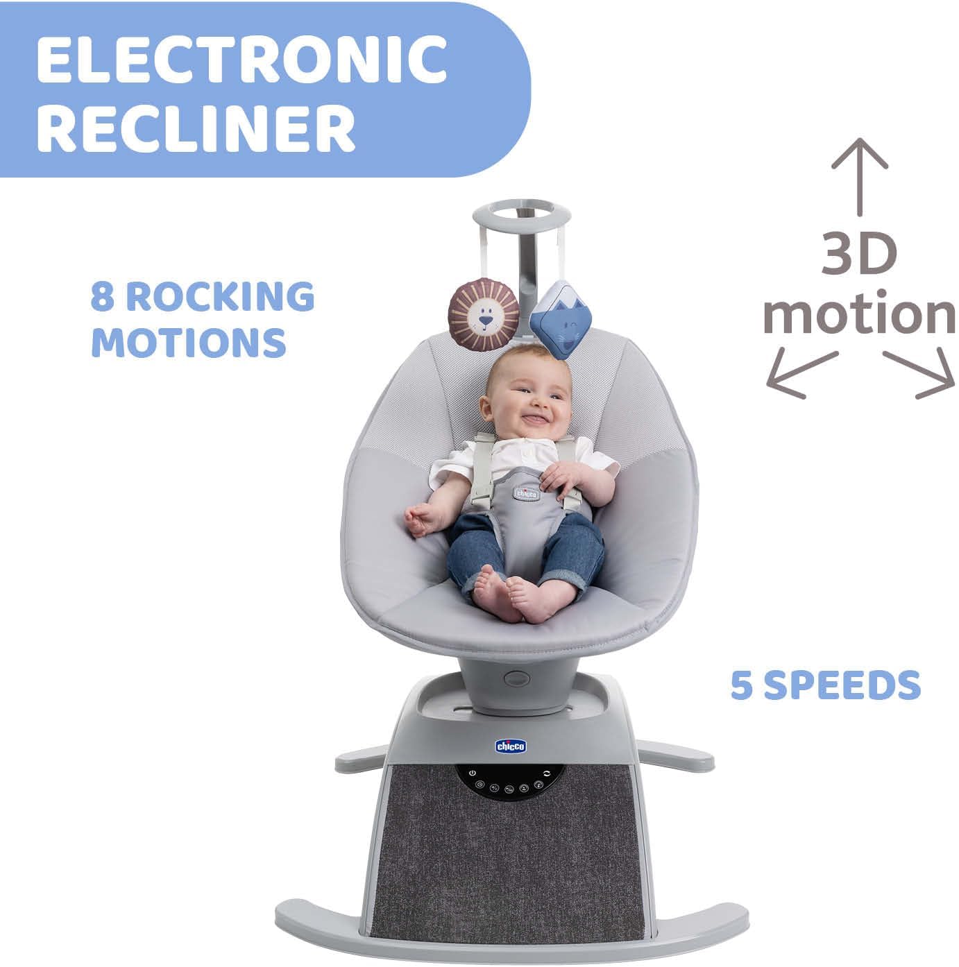 Comfy Wave, Balancelle Électronique pour Bébé, avec Mouvements et Mélodies, Dossier Inclinable, Tissu Respirant Et Amovible, Barre de Jeu, Balancelle pour Bébé, 0 Mois Plus