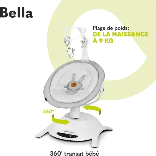Bella Balancelle Bebe Electrique Pivotante à 360° pour les Bébés jusqu'à 9 kg, Dossier Réglable, 5 Vitesses de Balancement, Ceintures de Sécurité, Détection de Mouvement, Antidérapante