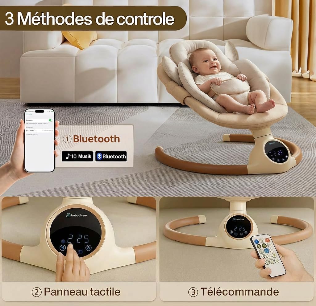 Alpha : Balancelle bebe/Transat bebe électrique, écran tactile LED, telecommande, bluetooh, harnais de sécurité 3 points, jusqu'a 9kg beige