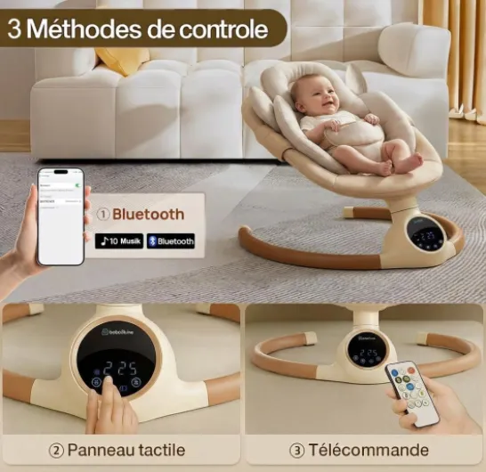 Alpha : Balancelle bebe/Transat bebe électrique, écran tactile LED, telecommande, bluetooh, harnais de sécurité 3 points, jusqu'a 9kg beige