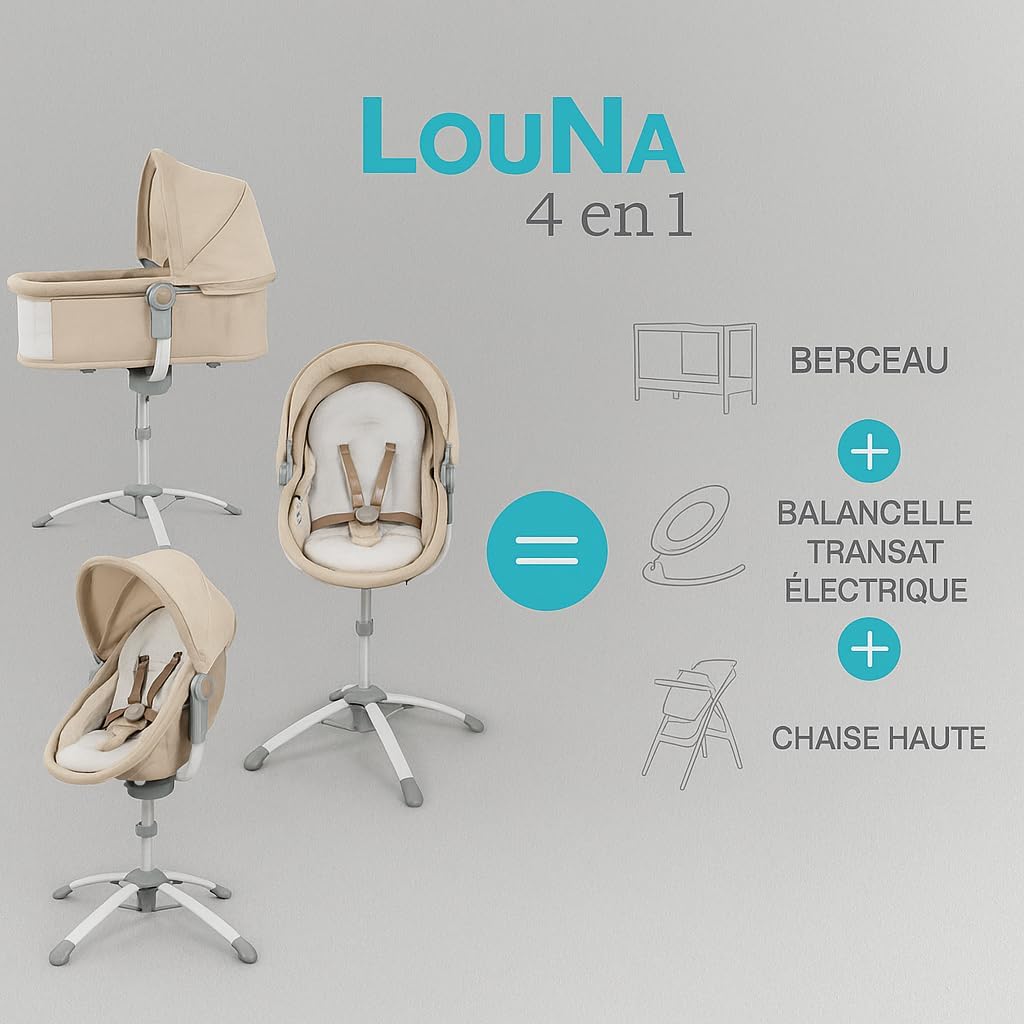 4en1 Multifonction Balancelle électrique, Berceau réglable, Chaise Haute et Transat (0‑15kg), Harnais 5PTS, réglage Hauteur/Dossier, 6Vitesses + Vibration, USB/MP3, télécommande (Gris)