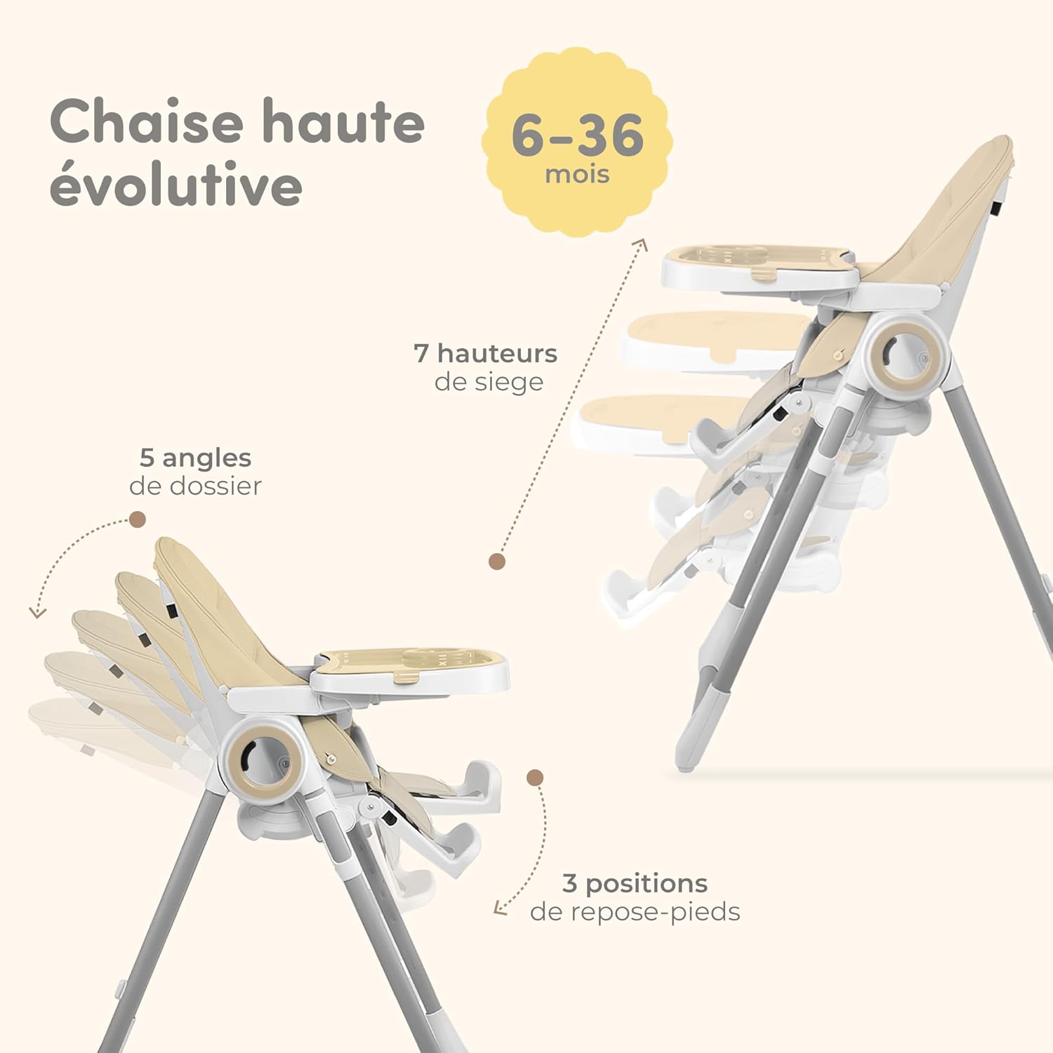 Chaise Haute Bébé Evolutive, Pliable et Réglable, Nettoyage Facile - Inclinable en Transat bebe avec Barre de Jeux (de 6 mois à 3 ans, max 15kg) Beige