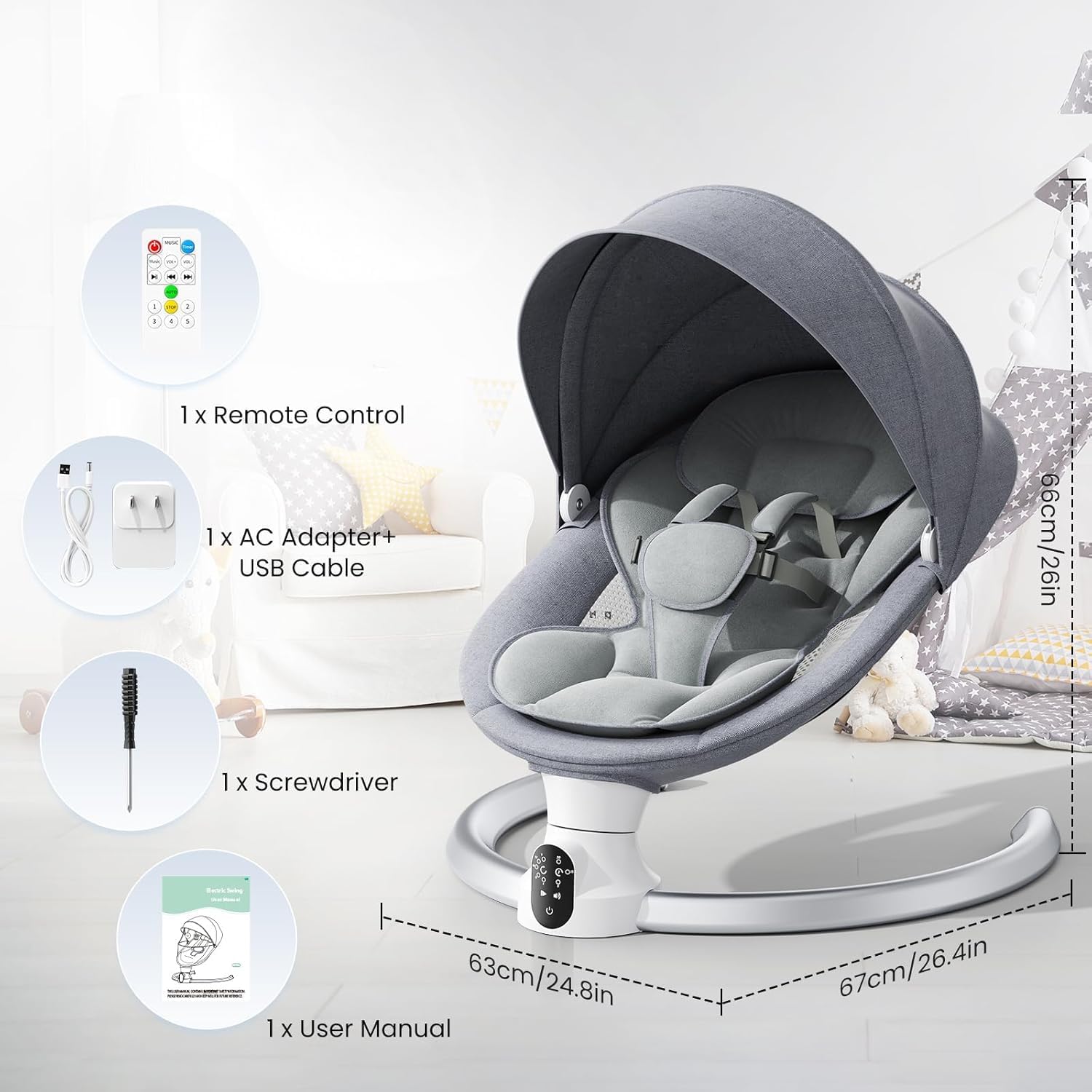 Transat Bébé Electrique, APP et Télécommande Balancelle Bébé Dès La Naissance à 9kg, Harnais à 5-Points Amélioré Balançoire pour Baby avec 3 minuteries, 5 Vitesses et 10 Mélodies (Gris)
