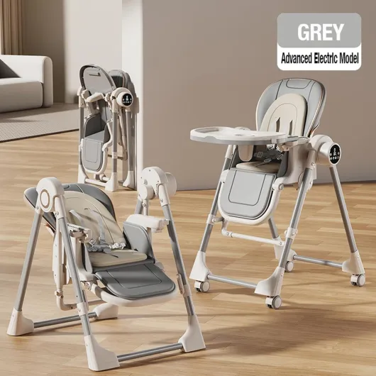 Électrique Bluetooth Intelligent Cuir PU Chaise Haute pour Bébé Chaise de Salle à Manger avec Hauteurs Réglables et Positions Pliable Convertible avec Doubles Plateaux (E8121 Grey)