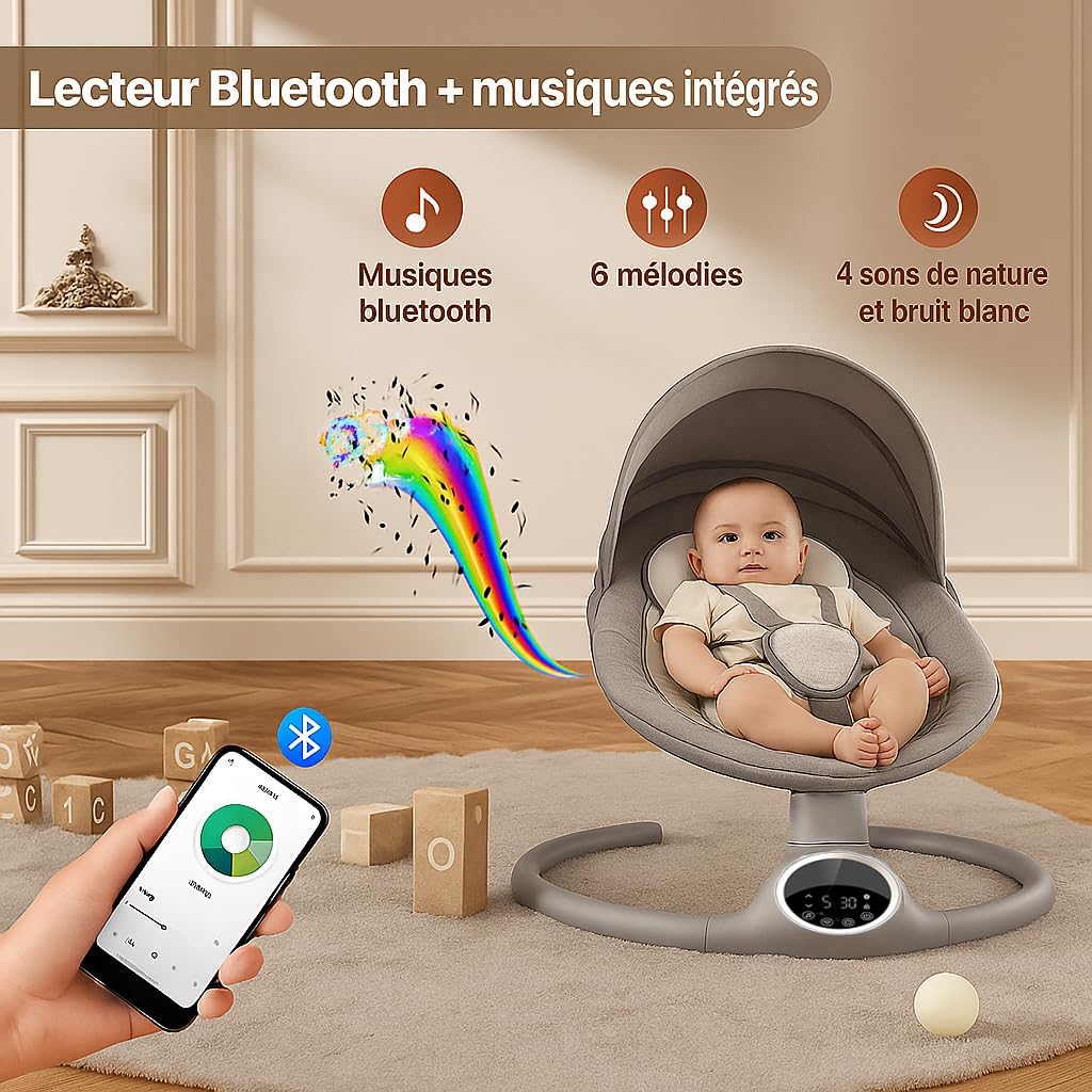 Alpha : Balancelle bebe/Transat bebe électrique, écran tactile LED, telecommande, bluetooh, harnais de sécurité 5 points, jusqu'a 9kg (rose) violine