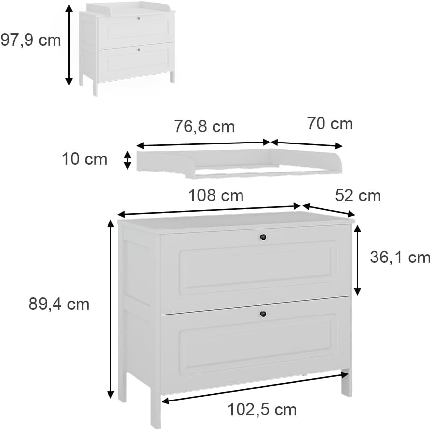 Commode à Langer Ajaton, Blanc, 108 x 98 cm avec 2 tiroirs Blanc 70P x 108l x 98H cm (2 Tiroirs)