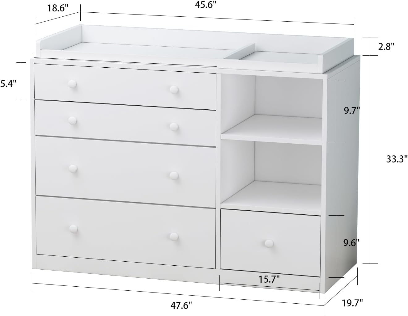 Commode a Langer Bebe, Table à Langer avec 5 tiroirs, Commode pour bébé avec 2 espaces de Rangement Ouverts, Meuble pour bébé Table à Langer Blanc 120 * 50 * 91.5cm