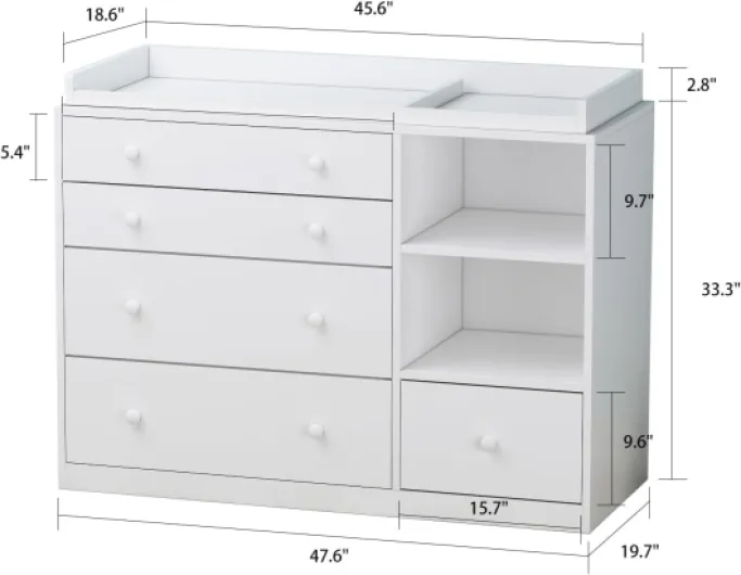 Commode a Langer Bebe, Table à Langer avec 5 tiroirs, Commode pour bébé avec 2 espaces de Rangement Ouverts, Meuble pour bébé Table à Langer Blanc 120 * 50 * 91.5cm