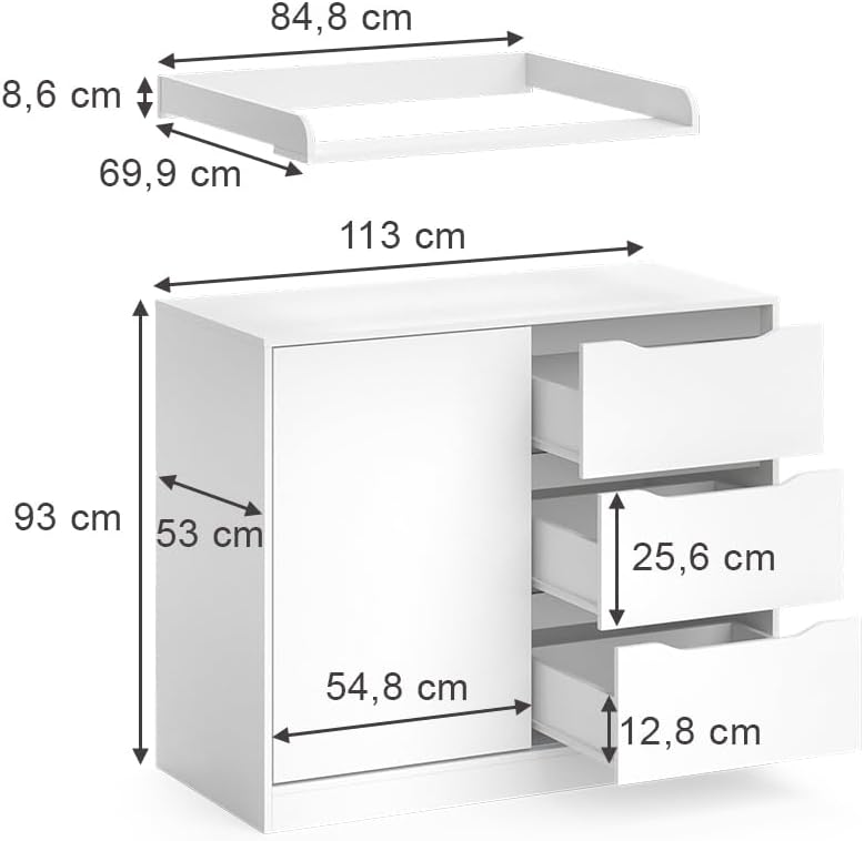 Commode à Langer Ruben, Blanc, 113 x 93 cm avec Plan à Langer 53P x 113l x 93H cm (3 Tiroirs)