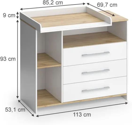 Commode à Langer Oskar, Chêne Blanc/Force de l'or, 113x93cm avec 3 tiroirs 53.1P x 113l x 93H cm (3 Tiroirs) Chêne Blanc/Force de L'or