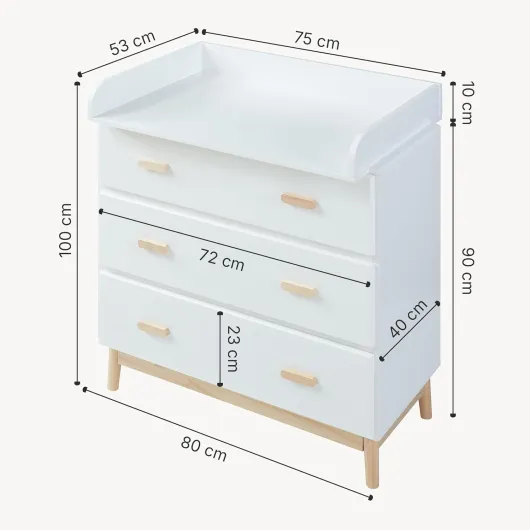 [en.casa] Commode à Langer avec 3 Tiroirs Grande Surface Plan à Langer Amovible avec Rebords Latéraux Meuble de Rangement pour Chambre de Bébé MDF 100 x 80 x 53 cm Blanc