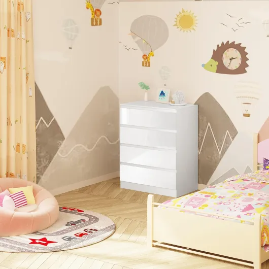 Table à Langer + Commode avec 4 Tiroirs, Ensemble Meuble à langer pour Bébé, en Bois d’Ingénierie, Blanc + Blanc Brillant, 80x75x109,2cm Blanc + Surlignage Blanc