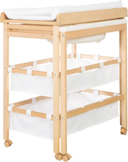 Table à Langer avec Baignoire Coulissante Baby Pool 2EN1 avec Matelas Imperméable Blanc et 2 Compartiments de Rangement - Bain Bébé Dès la Naissance - Bois Naturel Bleu