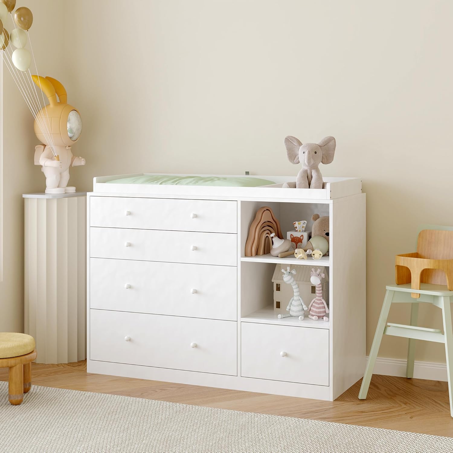 Commode à langer bébé,Table blanche,Table à langer bébé,5 tiroirs et étagères,Compariment ouvert,Meuble à bébé pour la chambre de bébé,116x47x85cm,Blanc