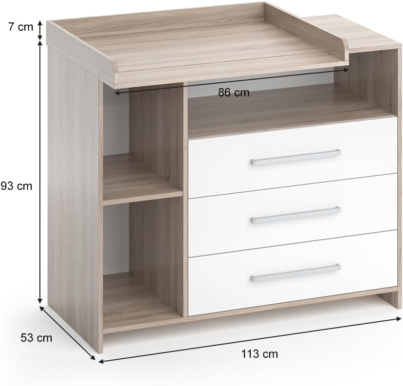 Commode à Langer Oskar, Blanc/Sonoma/Sonoma, 113 x 100 cm 53P x 113l x 100H cm (3 Tiroirs) Blanc/Sonoma