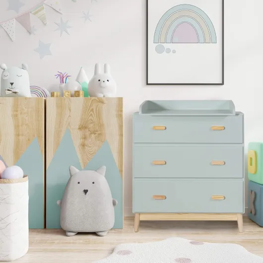 Meuble avec Table à Langer, Commode Table à Langer, Vert Eau Marron, Pin MDF, Compact, avec Table à Langer Amovible - Dimensions HxLxP: 100 x 80 x 42 cm - Art - RE6985