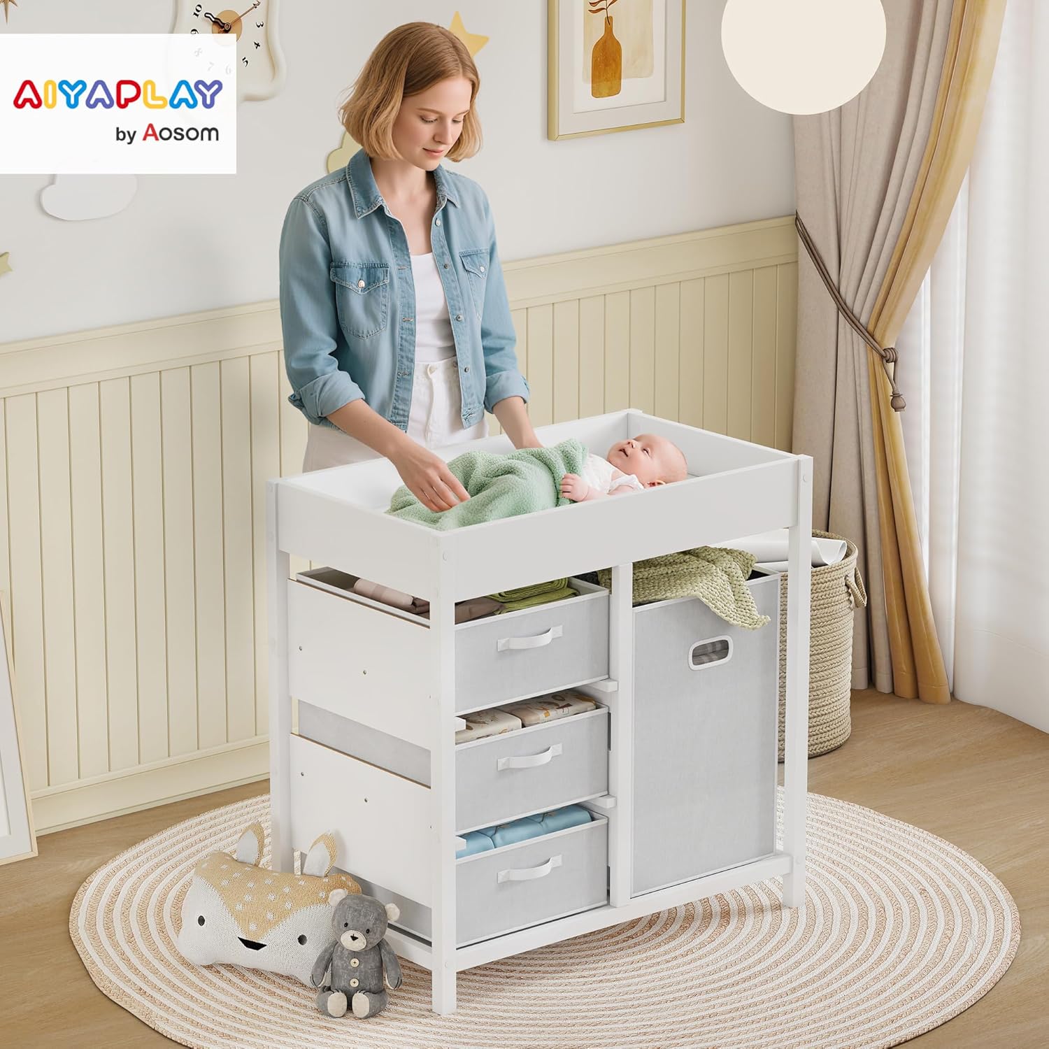 Table à langer avec 4 tiroirs, table à langer pour 0-12 mois (max - 11kg), avec tapis, station de soins pour la chambre à coucher, blanc