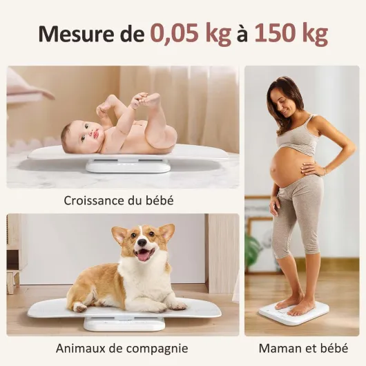 Pèse Bébé, Balance Bébé Numérique avec Plateau Amovible, Pèse Animal, Pèse Adulte Jusqu'à 150kg, Avec Fonction de Maintien, Mesure de la Taille Jusqu'à 70cm, 5 Unités, écran LED Blanc