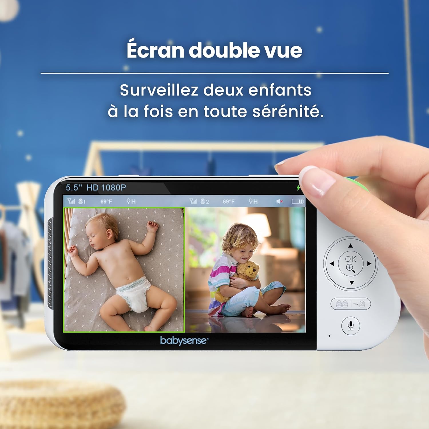 Moniteur bébé Full HD écran partagé - Avec 1 caméra - Veilleuse en 6 couleurs - Bruit et projecteur de lumière - Batterie de 20 heures - Connexion sécurisée sans WiFi MaxView PRO - 1 Kamera
