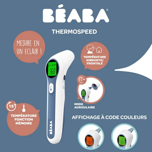BÉABA FRANCE, Thermomètre Digital Sans Contact Infrarouge, Enfant, Bébé, Adulte, Mesure Frontale, Auriculaire, Ambiante, Lecture Code Couleur, LCD, Alerte Fièvre, Fonction Mémoire, Thermospeed