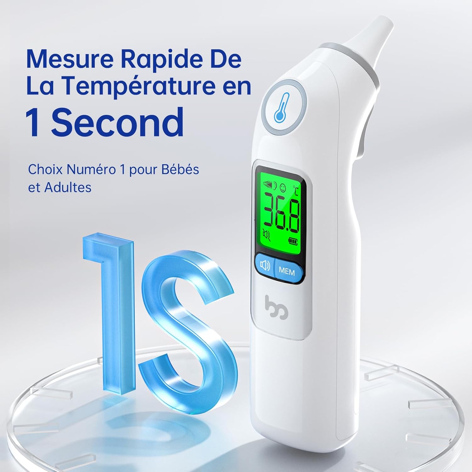 Thermomètre Auriculaire, Précision Professionnelle, Code d'alerte Fièvre à 3 couleurs, Mode Silencieux, Stockage des Lectures, avec 24 Couvre-Sondes Jetables Thermomètre pour Adultes et Bébés Blanc