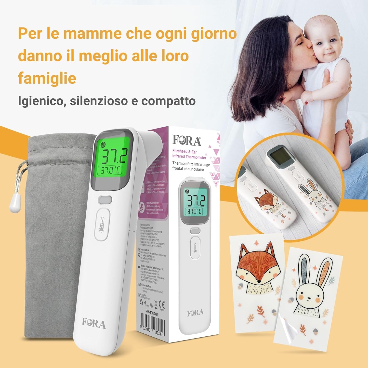 FORA Thermomètre Auriculaire et Frontal pour Bébé, Enfant et Adulte – Multi-Fonction Digital avec Indicateur de Fièvre, Mode Silencieux, Mémoire, Affichage 4 Couleurs – Compact et Hygiénique