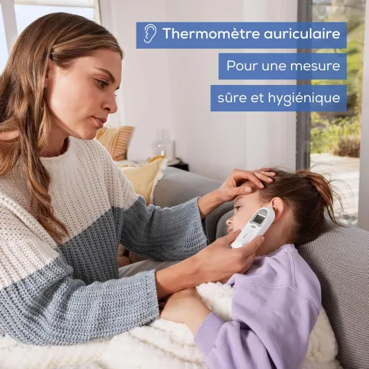 FT 58 thermomètre auriculaire, thermomètre médical avec technologie de mesure infrarouge, indicateur de fièvre, inclus 10 capuchons de protection, pour bébés, enfants et adultes