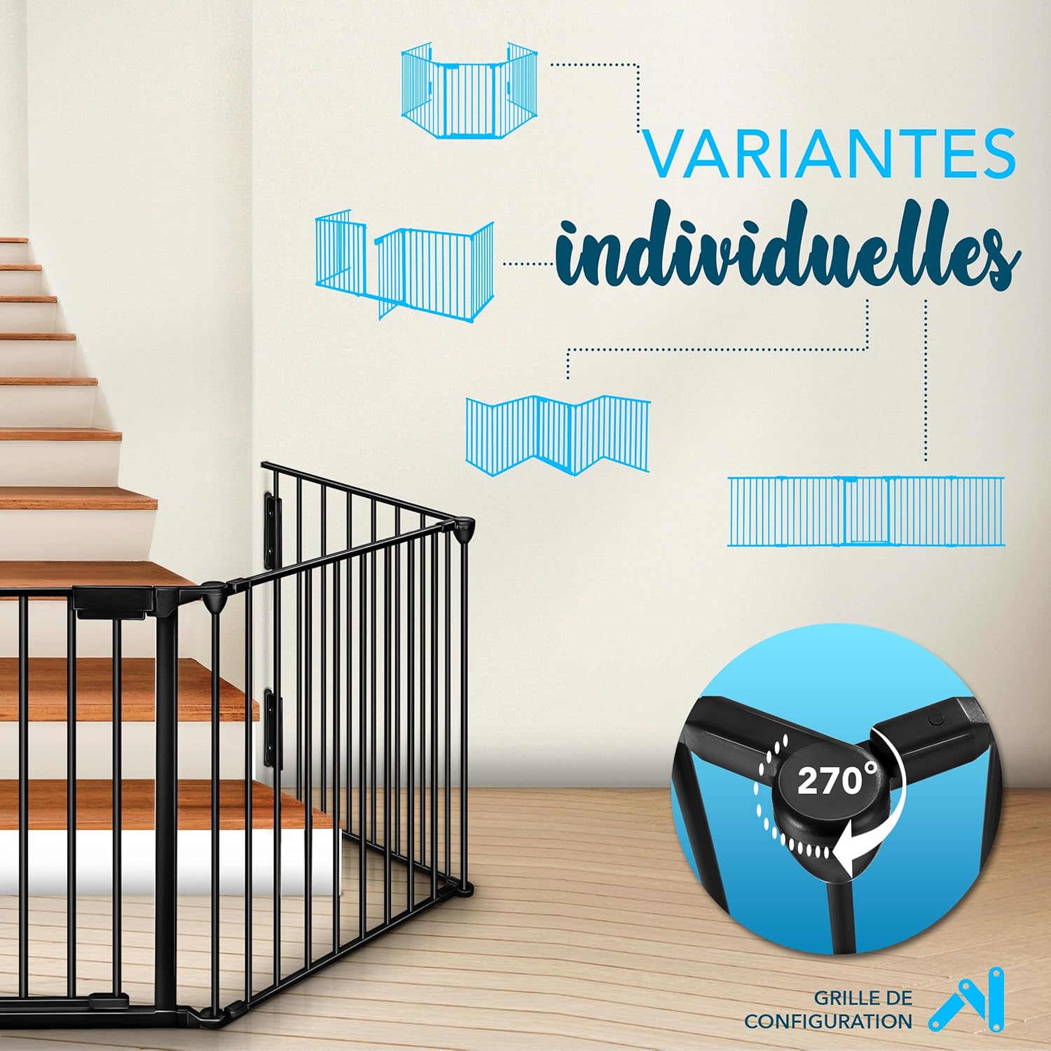 KIDUKU® Barrière de sécurité Enfant - Grande Version 300 cm - Grille de Protection métal - Pliable - avec Porte Inclus - 5 éléments - Pré-assemblé 300 cm Noir